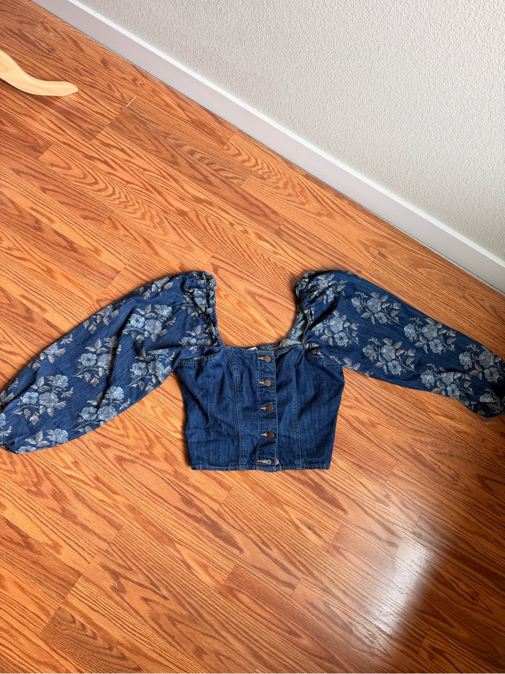 Wrangler Denim Corset Crop Top Floral Puff Sleeve L